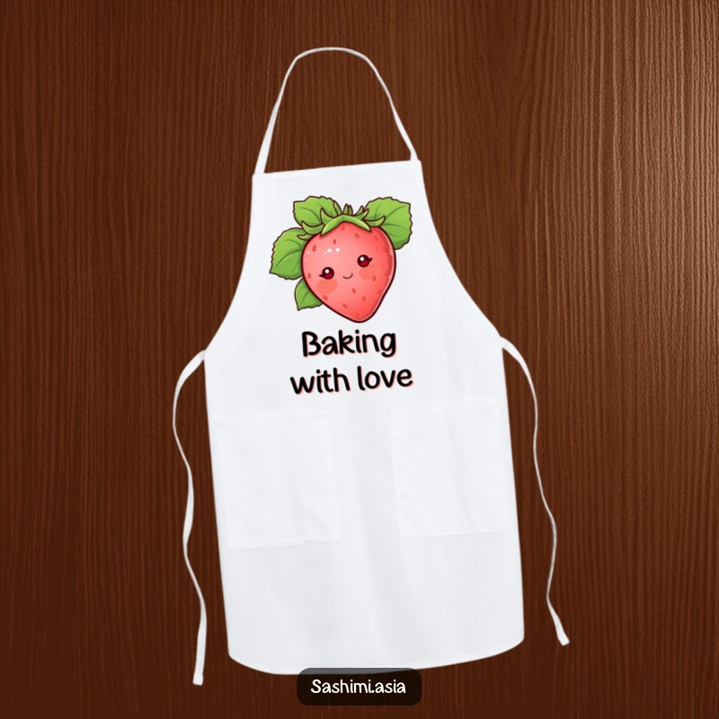 Blushing strawberry with dot eyes peeking from behind a large protective leaf, a humorous and functional kitchen apron.