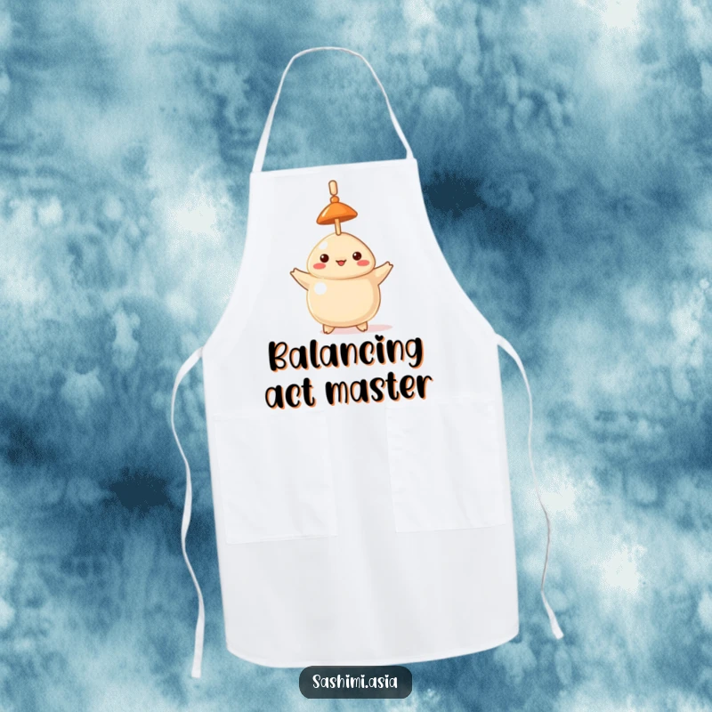 Funny apron featuring a proud dumpling wearing a hat and balancing a toothpick on its head while cooking.