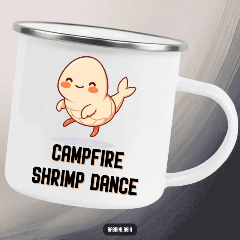 Funny Hopping Shrimp Camping Mug: Smiling shrimp hopping, perfect for humorous outdoor drinks and lively adventures.