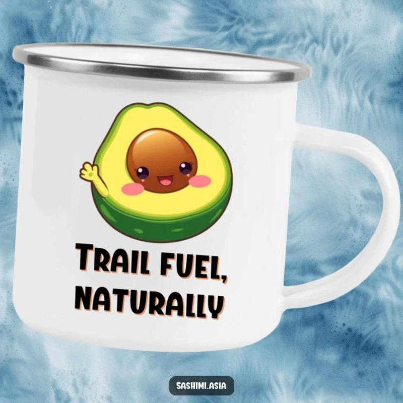 Funny Chubby Avocado Camping Mug: Happy avocado waving, perfect for humorous outdoor drinks and adventures.