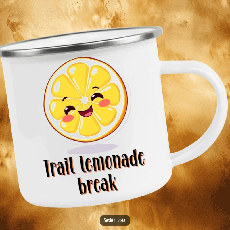 Funny Spinning Lemon Camping Mug: Grinning lemon slice spinning, perfect for humorous outdoor drinks and zesty adventures.