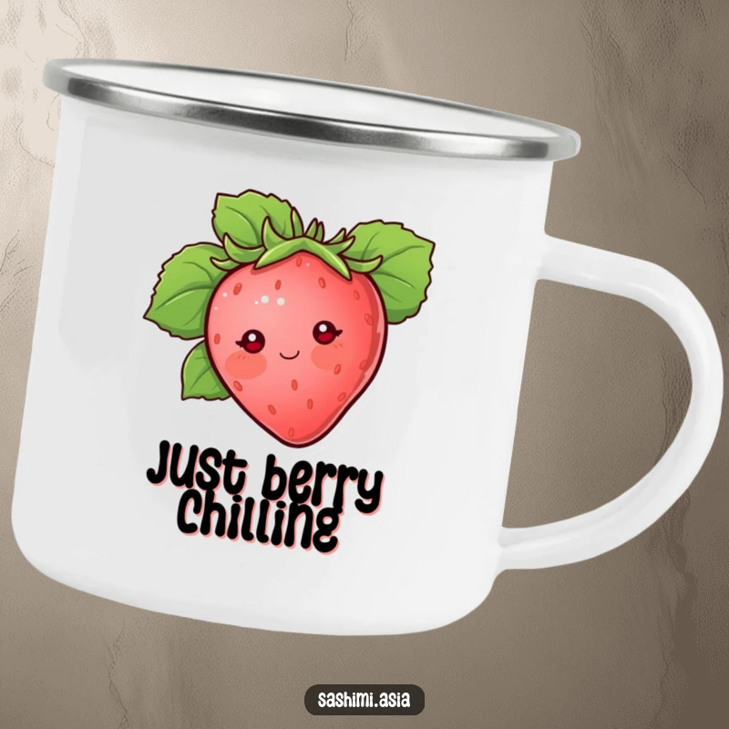 Blushing strawberry with dot eyes peeking from behind a large protective leaf, a sturdy and humorous camping mug.