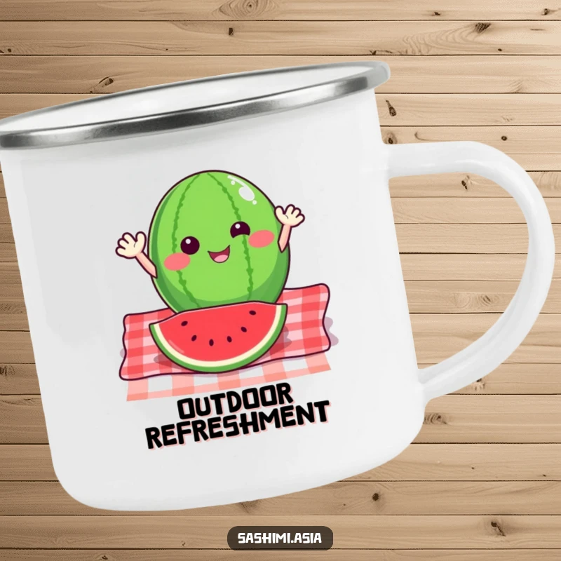 Happy watermelon slice with small arms waving energetically from a picnic blanket, a sturdy and humorous camping mug.