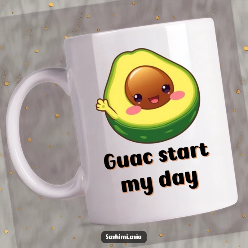 Funny Chubby Avocado Mug: Happy avocado half with round eyes, waving a stubby limb, perfect for a humorous coffee break.