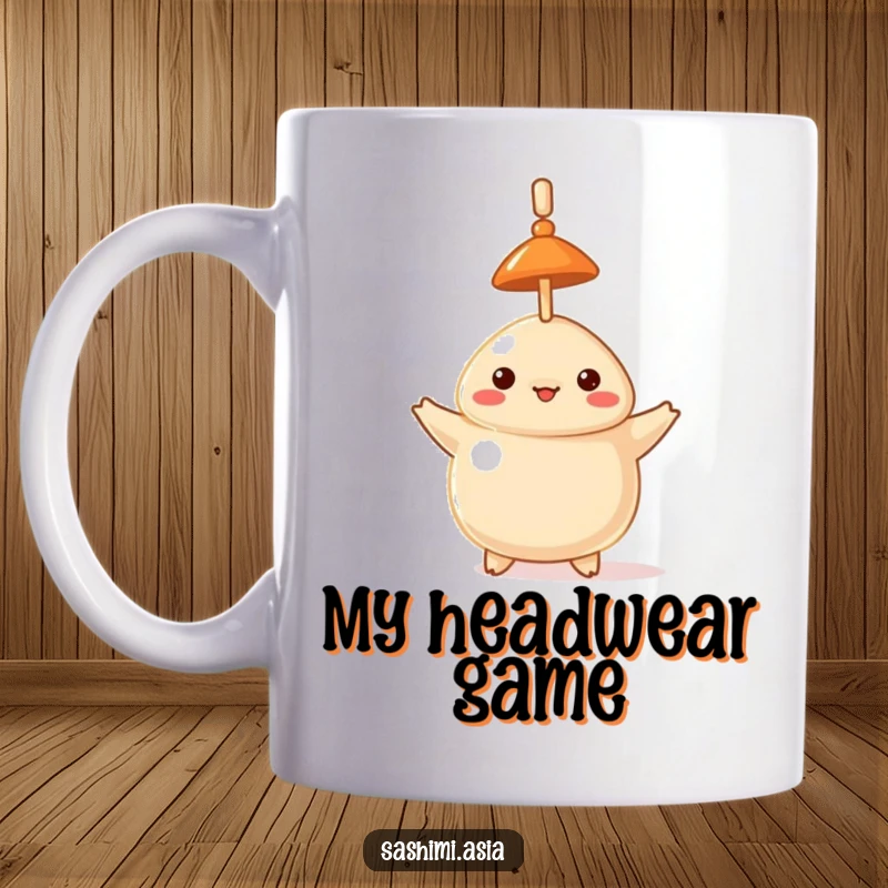 Funny dumpling mug with a tiny hat balancing a toothpick on its head, showcasing impressive culinary comedy.