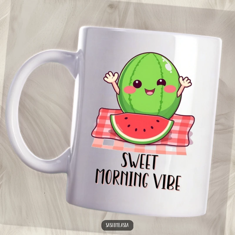 Happy watermelon slice with small arms waving energetically from a picnic blanket, a cheerful holiday mug.