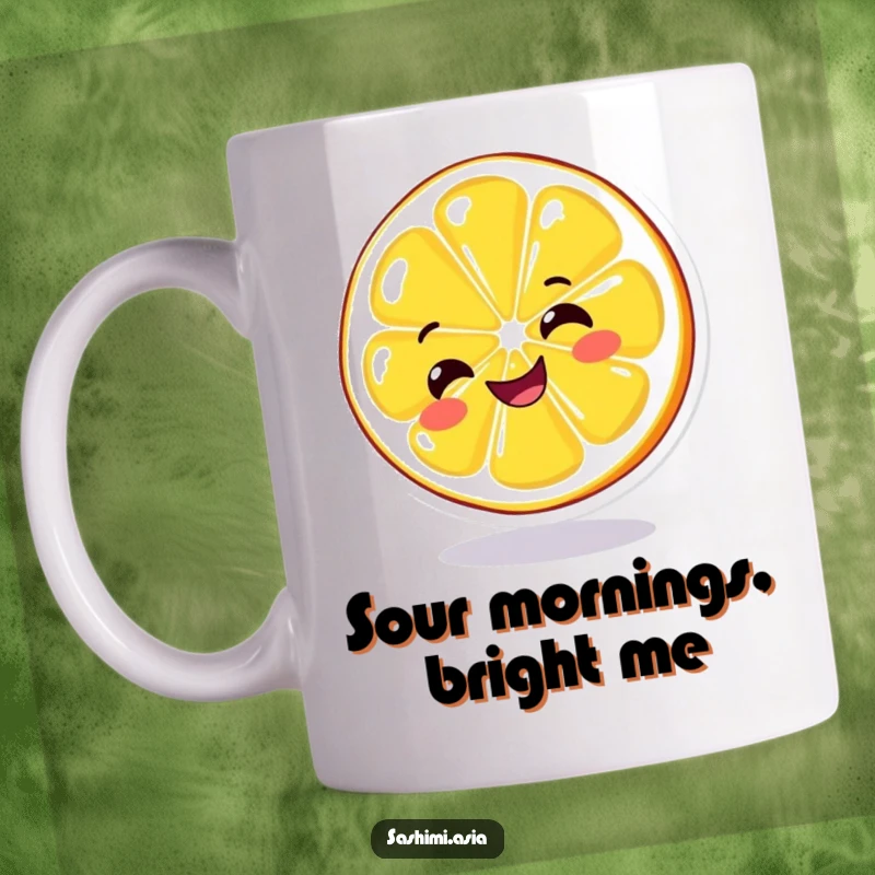 Funny Spinning Lemon Mug: Bright yellow lemon slice with a grin, spinning on its edge, perfect for a humorous coffee break.