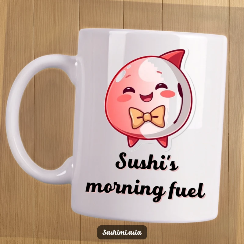 Funny Red Tuna Mug: Dapper fish in a tiny bow tie, smiling elegantly, perfect for a humorous coffee break.