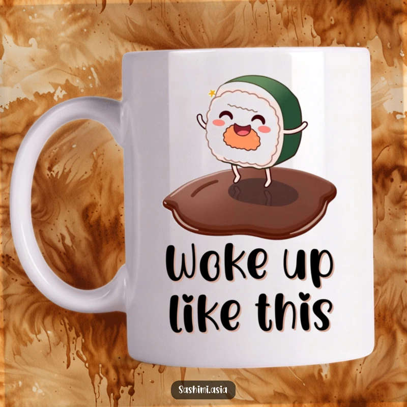Funny sushi with tiny legs dancing happily on a soy sauce puddle, a cheerful and humorous mug.