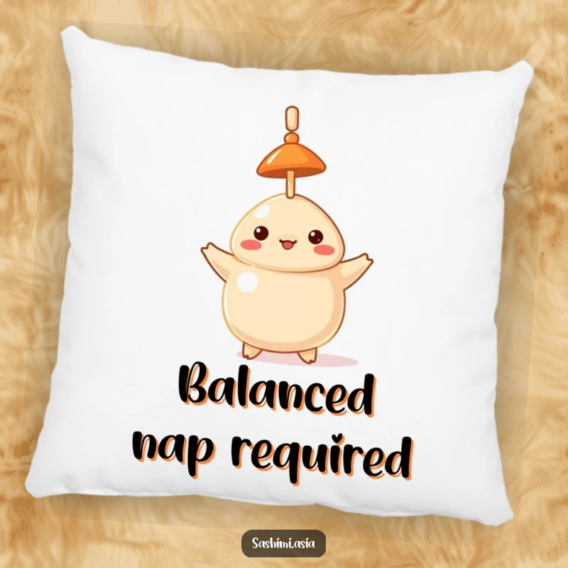 Funny pillow showcasing a proud dumpling in a hat, expertly balancing a toothpick on its head.