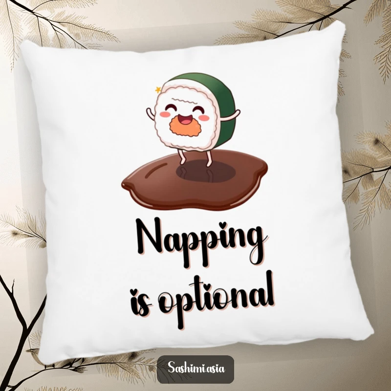 Funny sushi with tiny legs happily dancing on a soy sauce puddle, a soft and humorous decorative pillow.