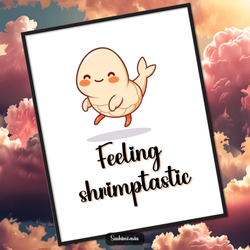 Funny Hopping Shrimp Digital Art Print: Smiling shrimp hopping, ready to add instant playful humor to any space.