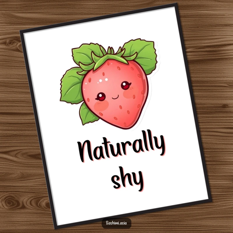 Blushing strawberry with dot eyes peeking from behind a large protective leaf, a charming digital art print.