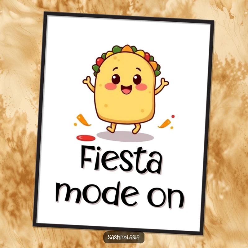 Smiling taco with little feet doing a playful hop with a salsa splash, a vibrant digital art print.