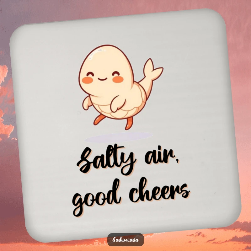Funny Hopping Shrimp Coasters: Smiling, plump shrimp hopping, perfect for protecting surfaces with playful humor.