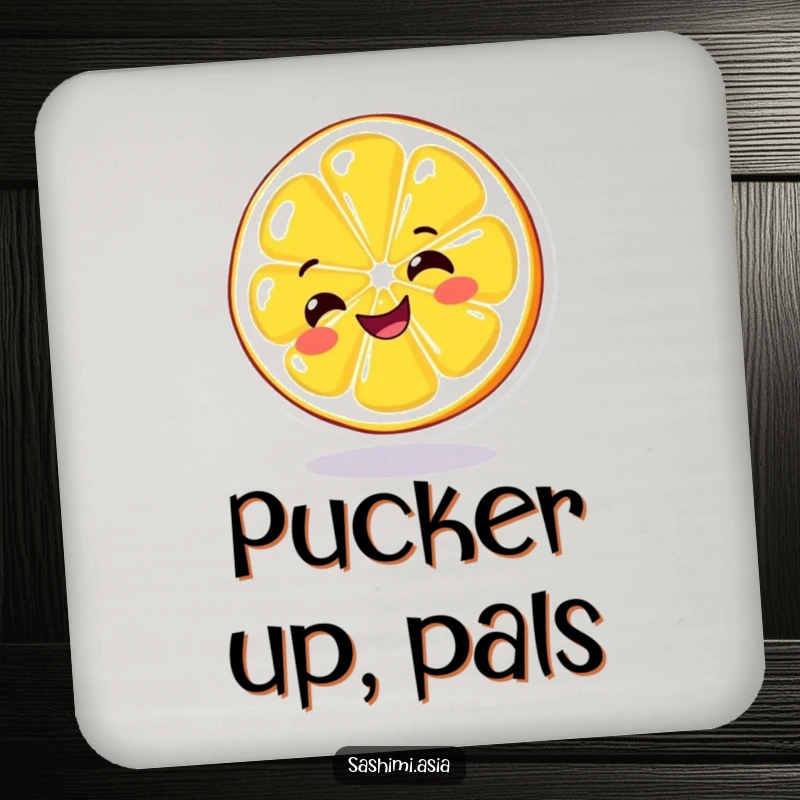 Funny Spinning Lemon Coasters: Grinning yellow lemon slice spinning, perfect for protecting surfaces with cheerful humor.