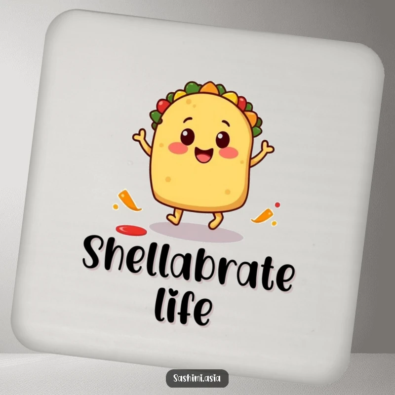 Smiling taco character doing a playful hop with a salsa splash, a set of humorous coasters.