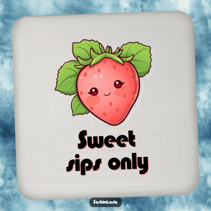 Blushing strawberry with dot eyes peeking from behind a large protective leaf, a set of humorous coasters.