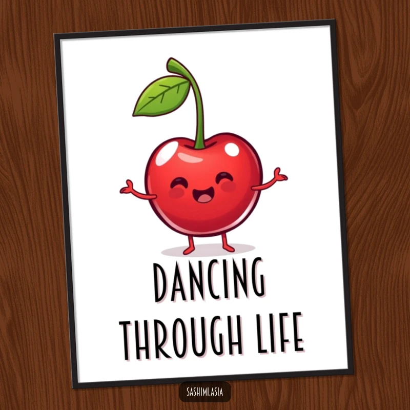 Funny Dancing Cherry Poster: Plump red cherry with stem arms, dancing happily, bringing fruity humor to any wall.