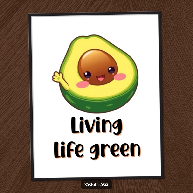 Funny Chubby Avocado Poster: Happy avocado half with round eyes, waving a limb, bringing humorous charm to any wall.