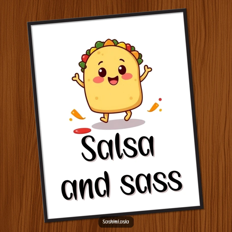 Smiling taco character doing a playful hop with a salsa splash, a fun and humorous poster.