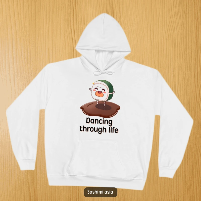 Funny sushi character with tiny legs dancing exuberantly on a soy sauce puddle, a soft and humorous hoodie.