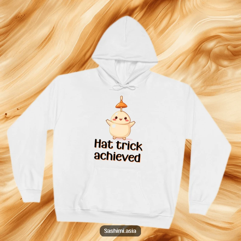 Funny hoodie with a proud dumpling and a tiny hat, perfectly balancing a toothpick vertically on its head.