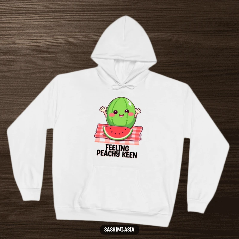 Happy watermelon slice with small arms waving energetically from a picnic blanket, a warm and humorous hoodie.