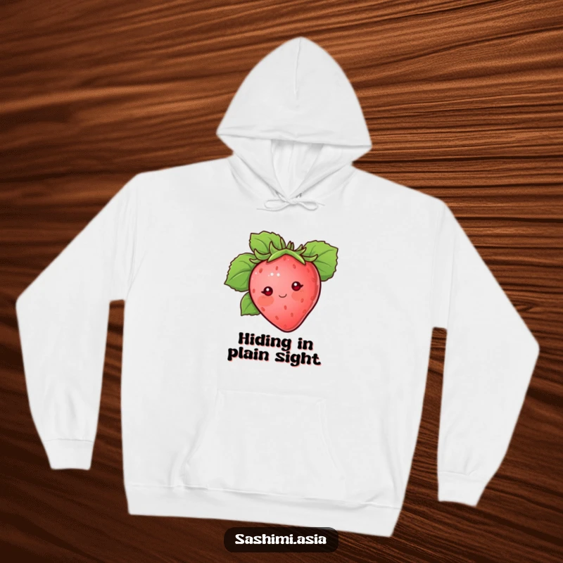 Blushing strawberry with dot eyes peeking from behind a large protective leaf, a warm and humorous hoodie.