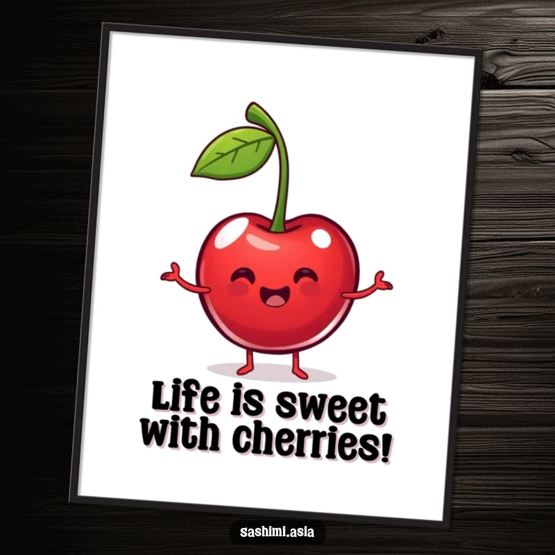Funny Free Printable Cherry Wall Art: A plump, happy red cherry dances with its long stems like arms.
