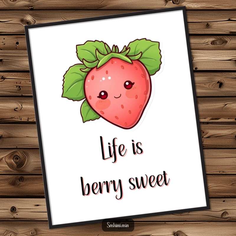 Funny Free Printable Wall Art: A blushing strawberry with dot eyes, peeking from behind a protective leaf, creating a sweet and charming scene.