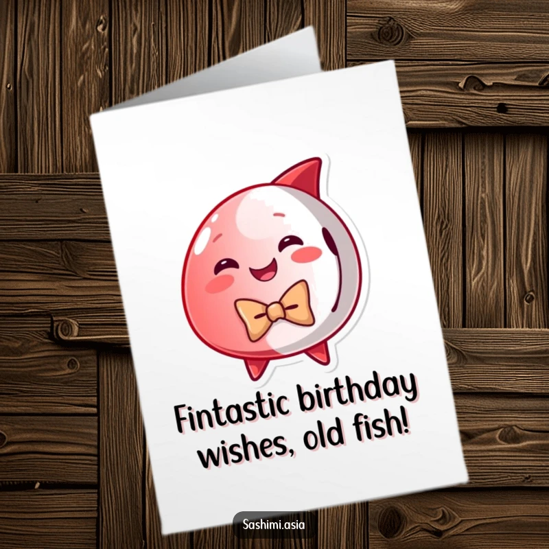 Funny Free Printable Tuna Birthday Card: A smiling red tuna in a bow tie wishes you a happy birthday.