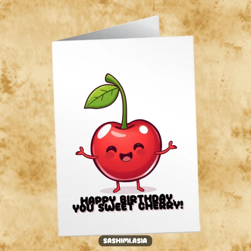 Funny Free Printable Cherry Birthday Card: A plump red cherry with stems like arms, dancing happily.