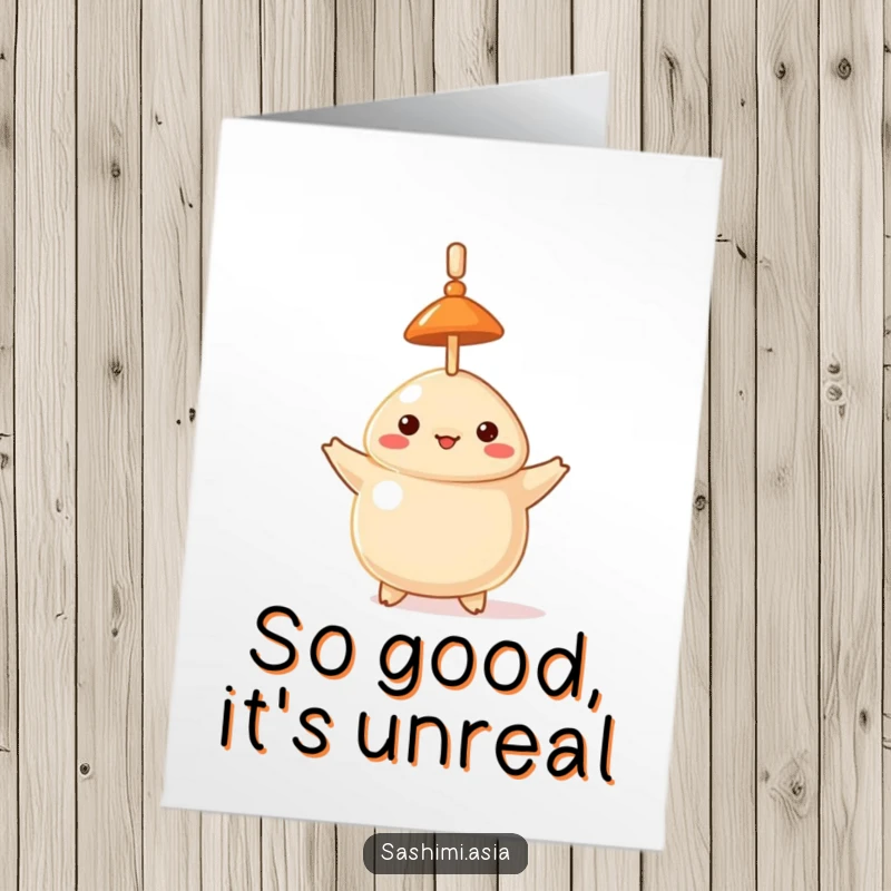 Funny Free Printable Birthday Card: Proud dumpling with hat balances toothpick vertically on its head, ready to celebrate.