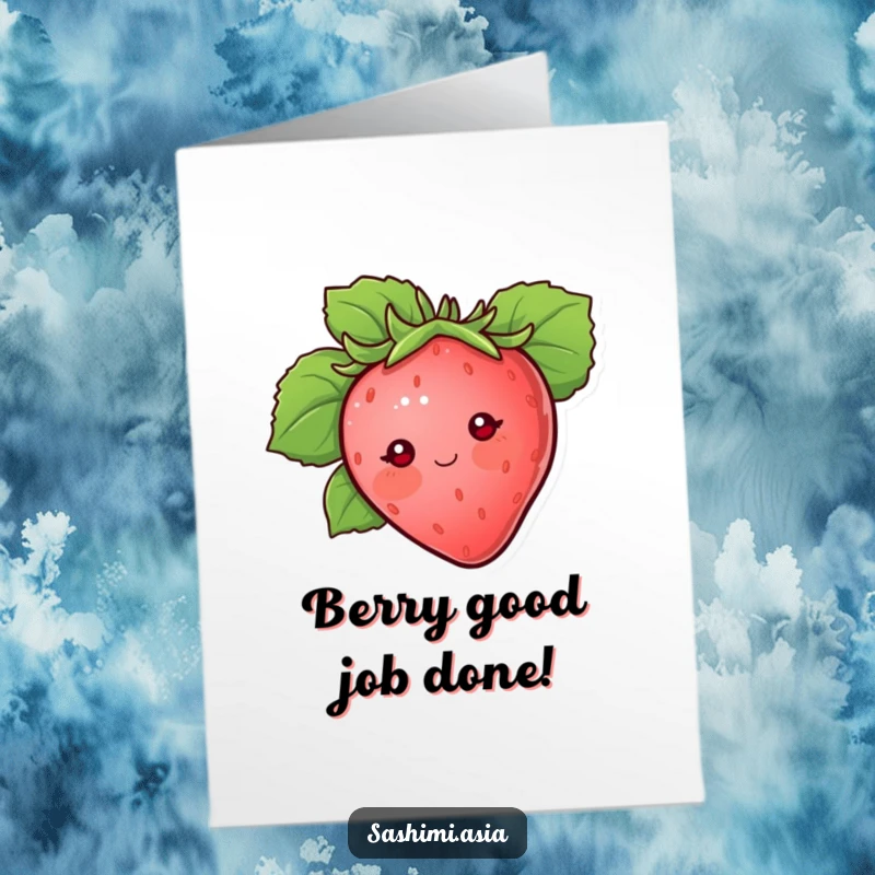 Funny Free Printable Congrats Card: A blushing strawberry with dot eyes, peeking from behind a leaf, celebrating softly but sincerely.