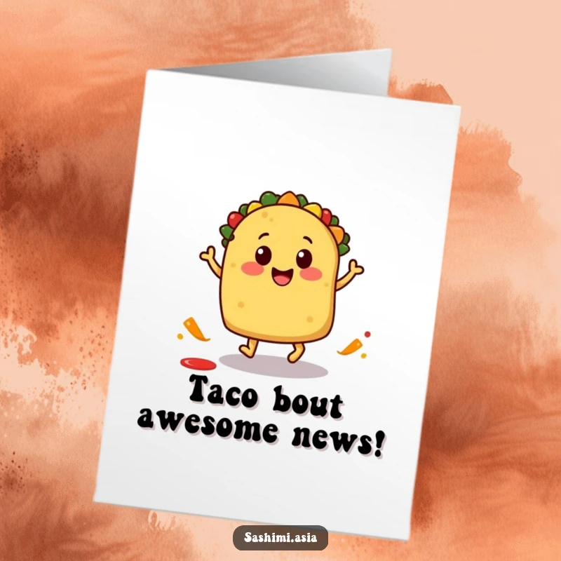 Funny Free Printable Congrats Card: A triumphant taco with little feet, hopping with a salsa splash, celebrating a big win.