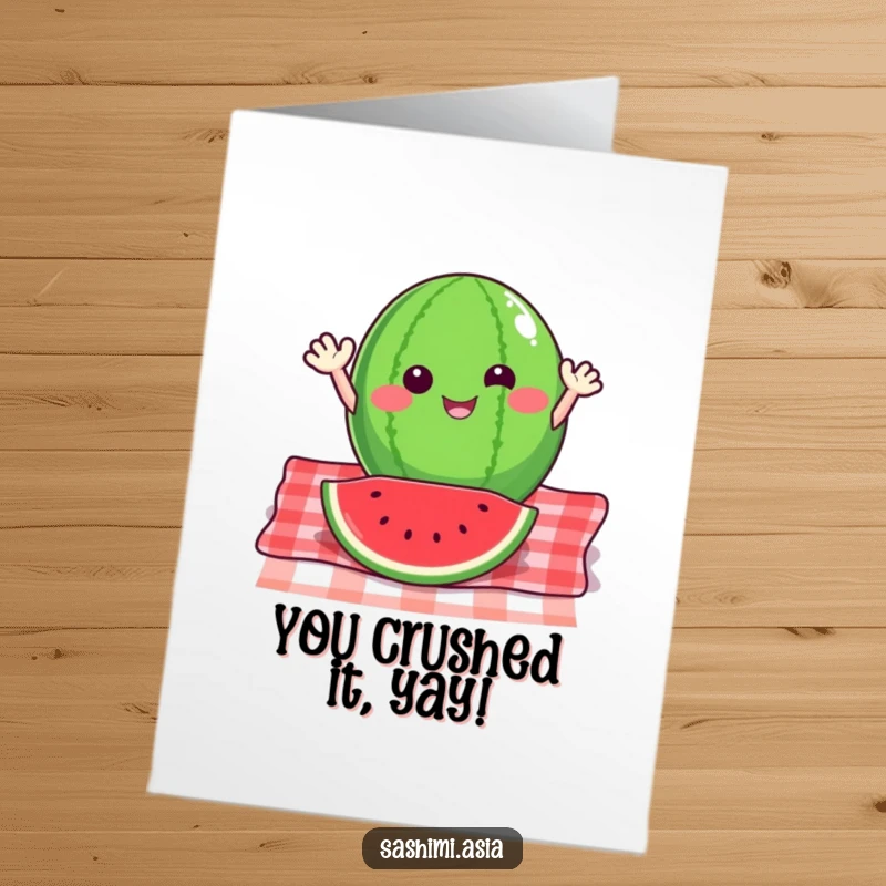 Funny Free Printable Congrats Card: A joyful watermelon slice with small arms, waving energetically from a picnic blanket, celebrating a big win.