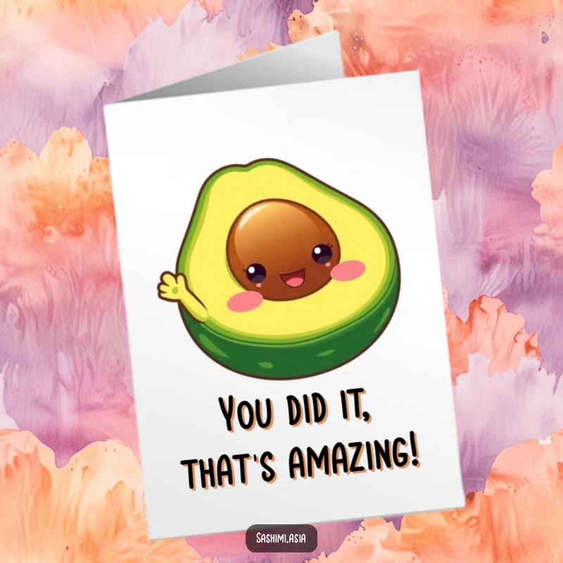 Funny Free Printable Avocado Congratulations Card: A happy avocado half gives a cheerful wave for your big achievement.