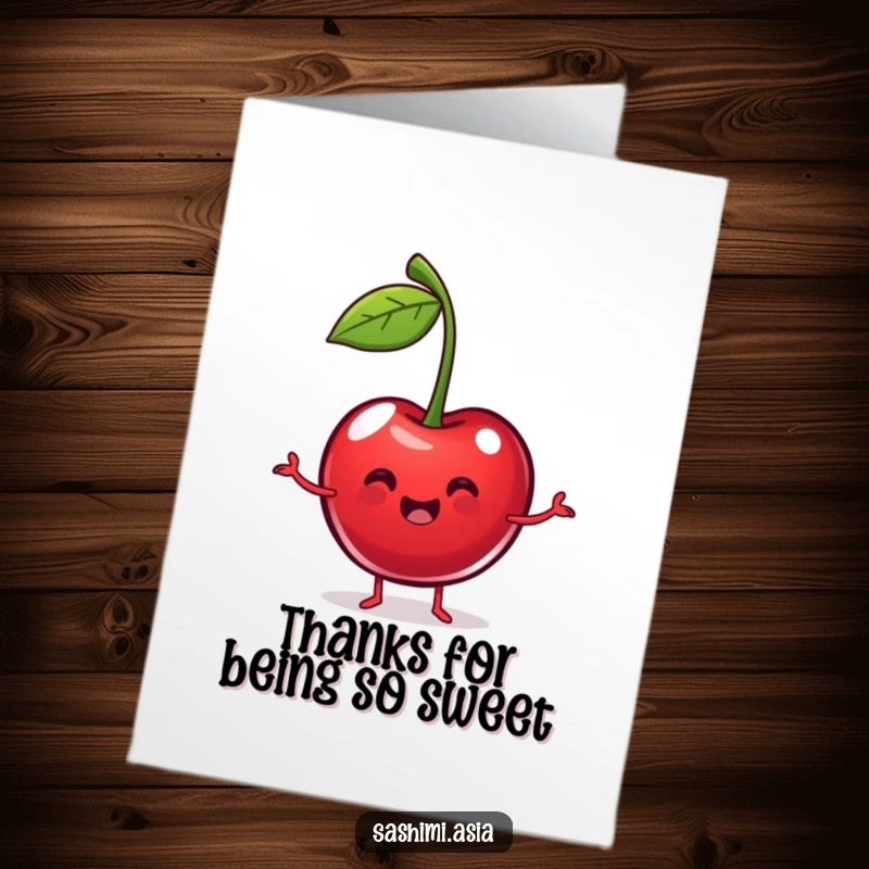 Funny Free Printable Cherry Thank You Card: A plump red cherry with stem arms does a happy little dance.