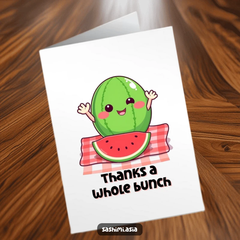 Funny Free Printable Thank You Card: A grateful watermelon slice with small arms, waving energetically from a picnic blanket, a truly sweet thank you.