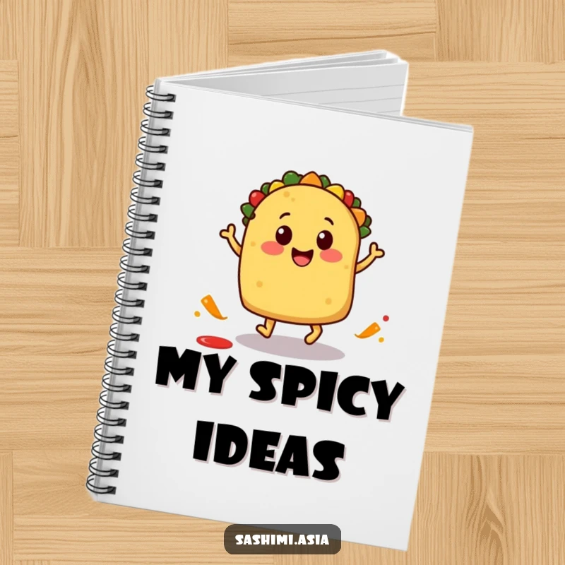 Smiling taco with little feet hopping and splashing salsa, a creative and humorous notebook.