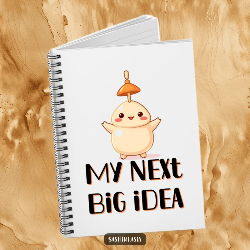 Funny notebook with a proud dumpling in a hat, balancing a toothpick vertically on its head.