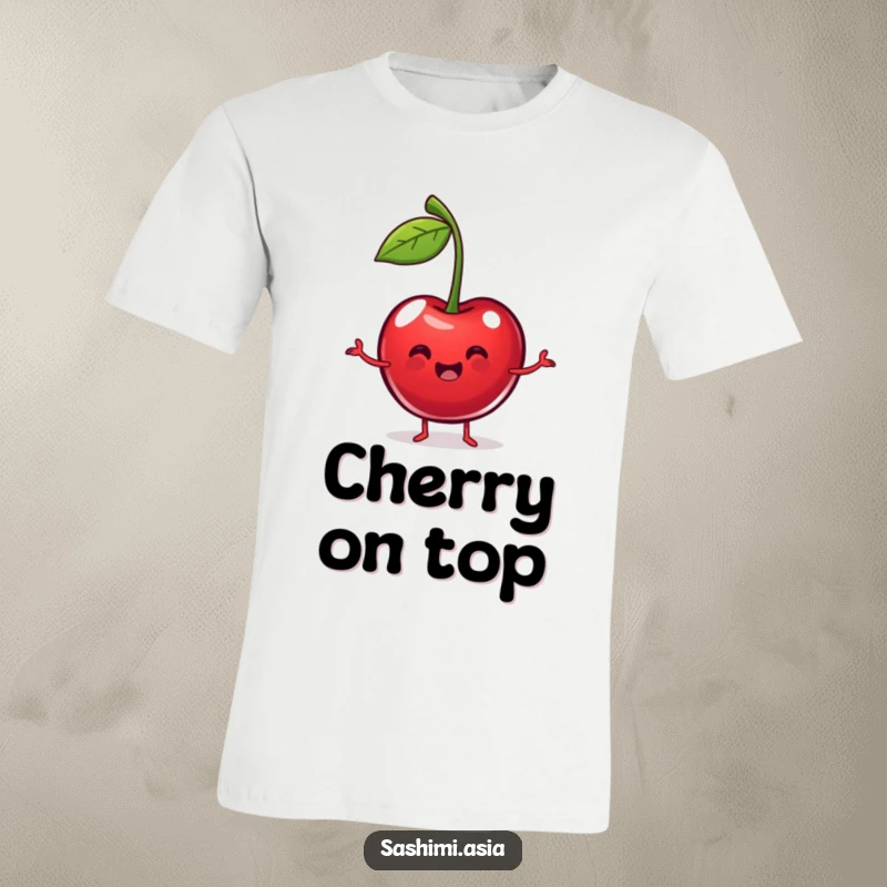 Funny Dancing Cherry T-Shirt: A plump, happy red cherry with stems as arms, dancing, perfect for casual, humorous wear.