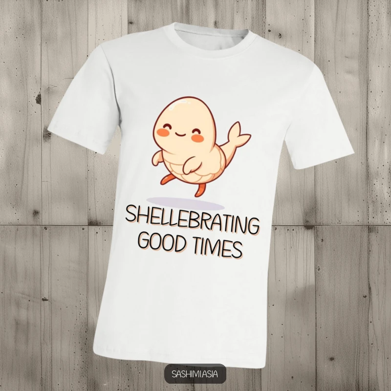 Funny Hopping Shrimp T-Shirt: A smiling, plump shrimp with legs, doing a playful hop, perfect for active, humorous wear.