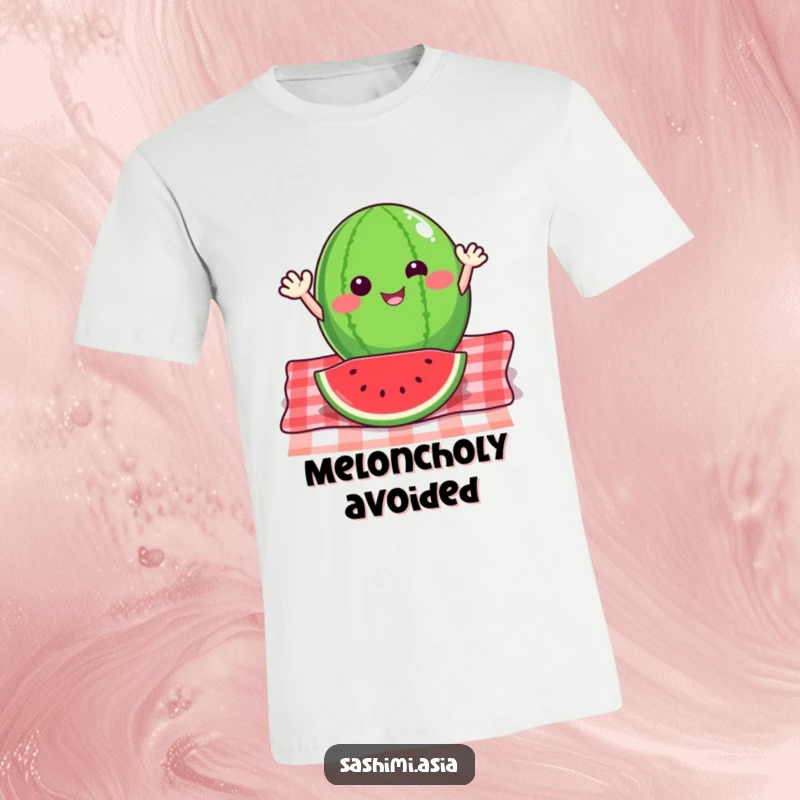 Happy watermelon slice with small arms waving energetically from a picnic blanket, a fun graphic t-shirt.