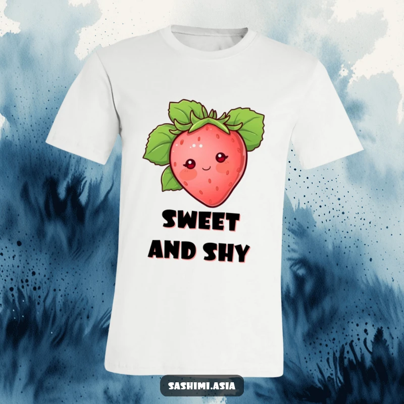 Blushing strawberry with dot eyes peeking shyly from behind a large green leaf, a humorous graphic t-shirt.