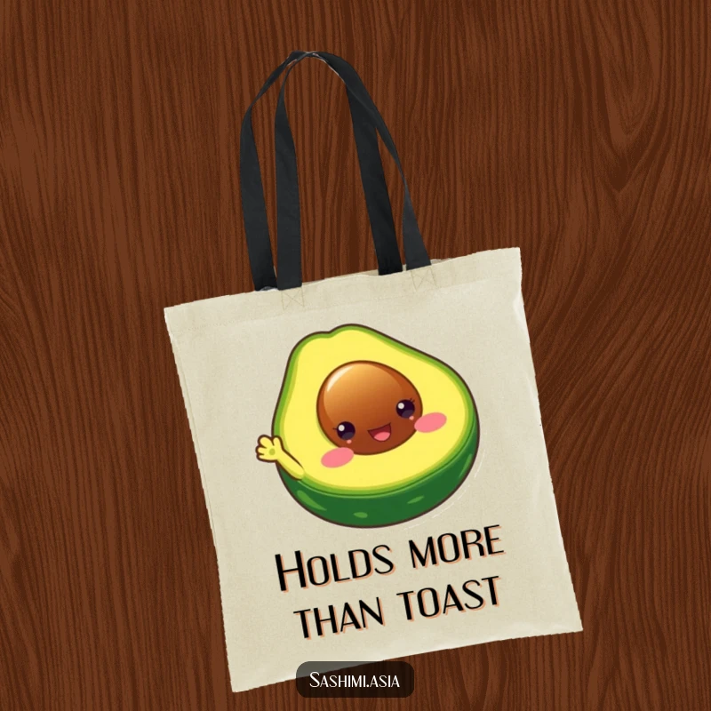 Funny Chubby Avocado Tote Bag: A happy, chubby avocado waving, perfect for carrying items with a dose of humor.