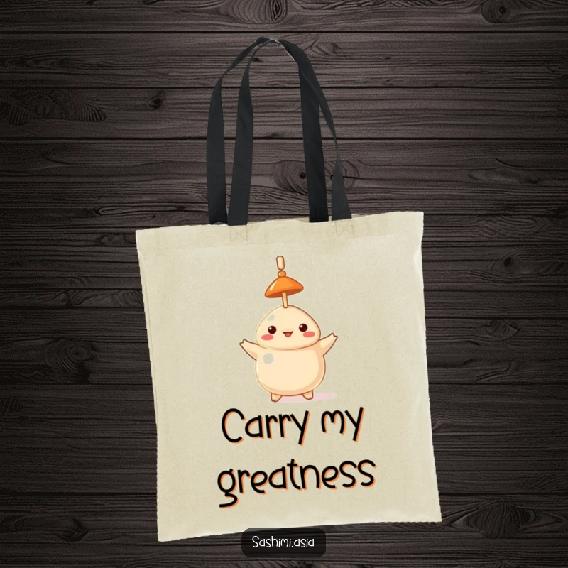 Funny tote bag showing a proud dumpling in a small hat, masterfully balancing a toothpick on its head.