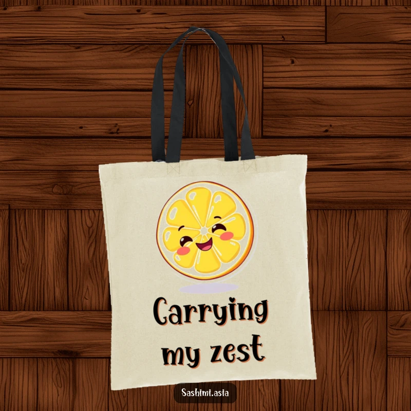 Funny Spinning Lemon Tote Bag: A grinning, yellow lemon slice spinning, perfect for carrying items with cheerful humor.