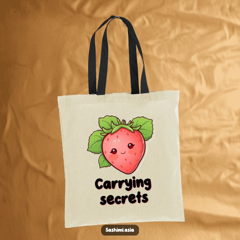 Blushing strawberry with dot eyes peeking from behind a large protective leaf, a humorous and practical tote bag.